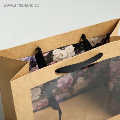 Пакет подарочный крафтовый с пластиковым окном, упаковка, «Flowers», 24×20×11 см