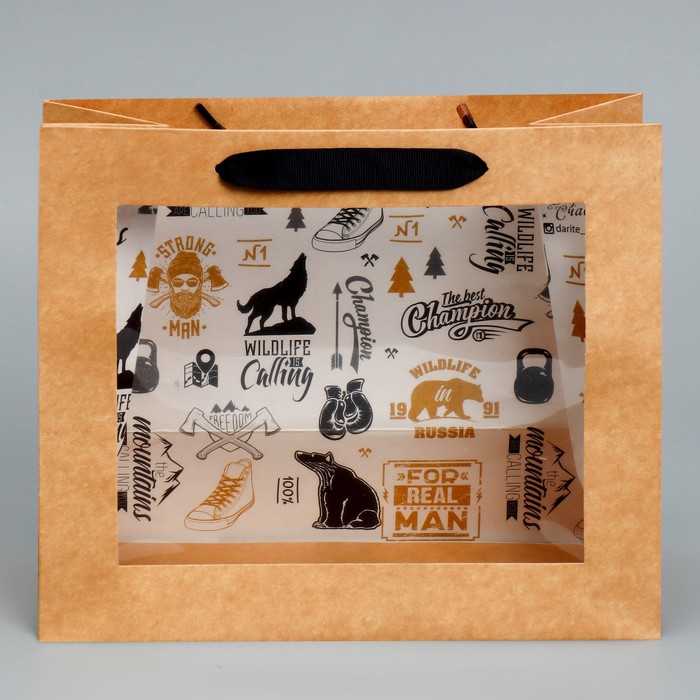 Упаковка, пакет подарочный крафтовый с пластиковым окном, «Man», 24 х 20 х 11см - фото 1927579504