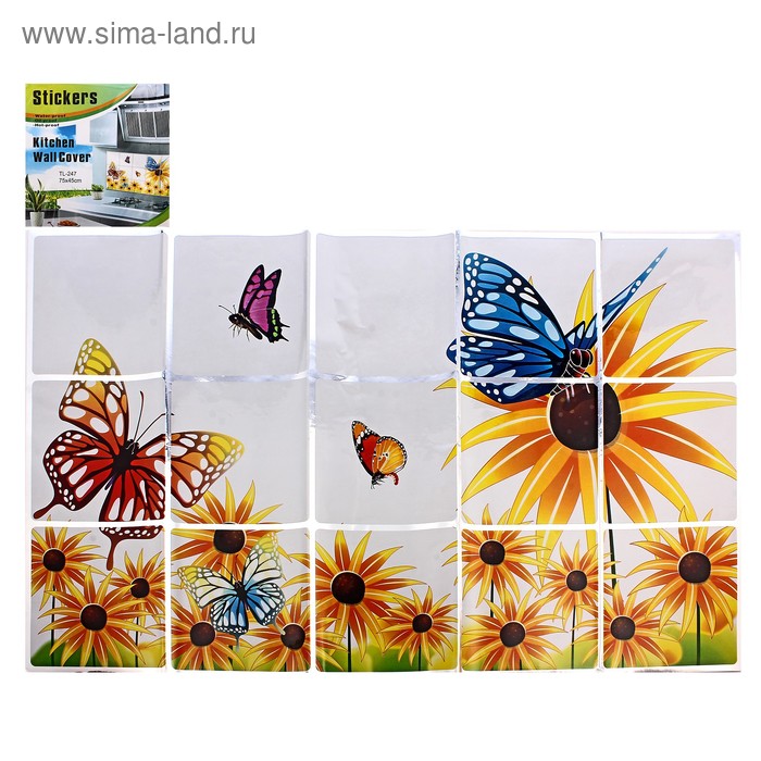 Наклейка для кафельной плитки "Бабочки на Цветах" 75х45см - Фото 1