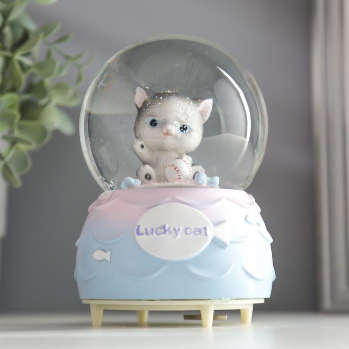 Снежный шар стеклянный «Котёнок с клубочком», музыкальный, крутится, 15.5×10×10 см, МИКС