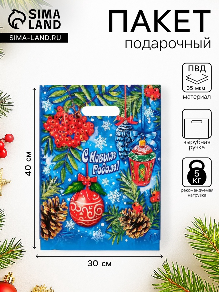 Пакет подарочный новогодний «Рябиновый этюд», полиэтиленовый с вырубной ручкой, 30×40 см - Фото 1