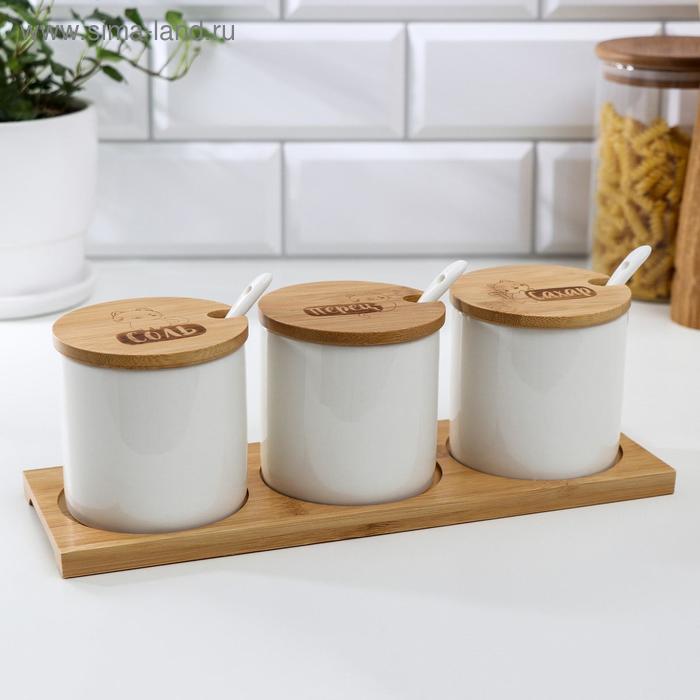 Набор банок керамических для хранения на деревянной подставке «Котики», 3 шт, 250 мл, цвет белый - Фото 1