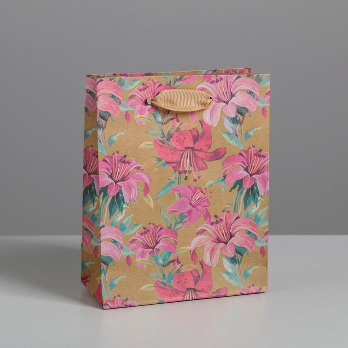 Пакет подарочный крафтовый вертикальный, упаковка, «Цветы», S 12 х 15 х 5.5 см