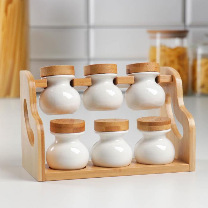 Набор банок фарфоровых для специй на деревянной подставке Доляна «Эстет», 6 предметов: 50 мл, цвет белый - Фото 1