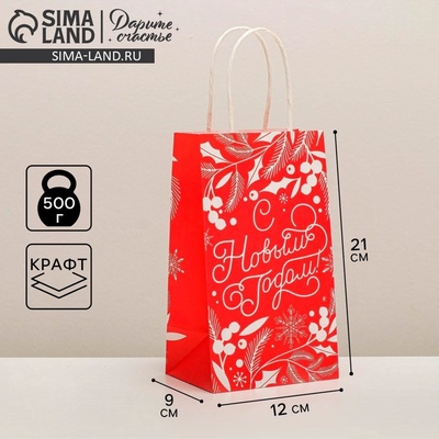 Пакет подарочный новогодний крафтовый «С Новым годом!», 12×21×9 см