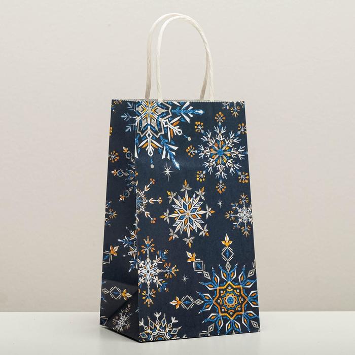Пакет подарочный крафтовый «Снежинки», 12 × 21 × 9 см - Фото 1