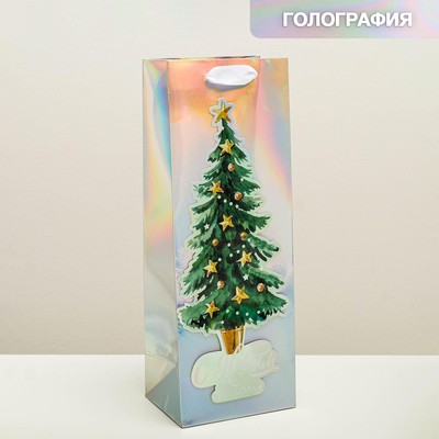 Пакет голографический под бутылку «Новогоднее настроение», 13 х 36 х 10 см
