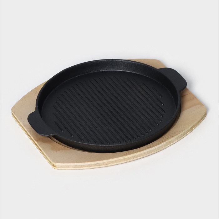 Сковорода чугунная на деревянной подставке «Круг. Гриль», 25×21,3 см, цвет чёрный - Фото 1