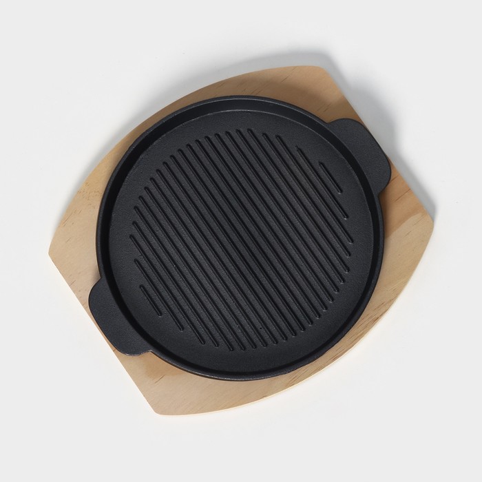 Сковорода чугунная на деревянной подставке «Круг. Гриль», 25×21,3 см, цвет чёрный - фото 1905305030