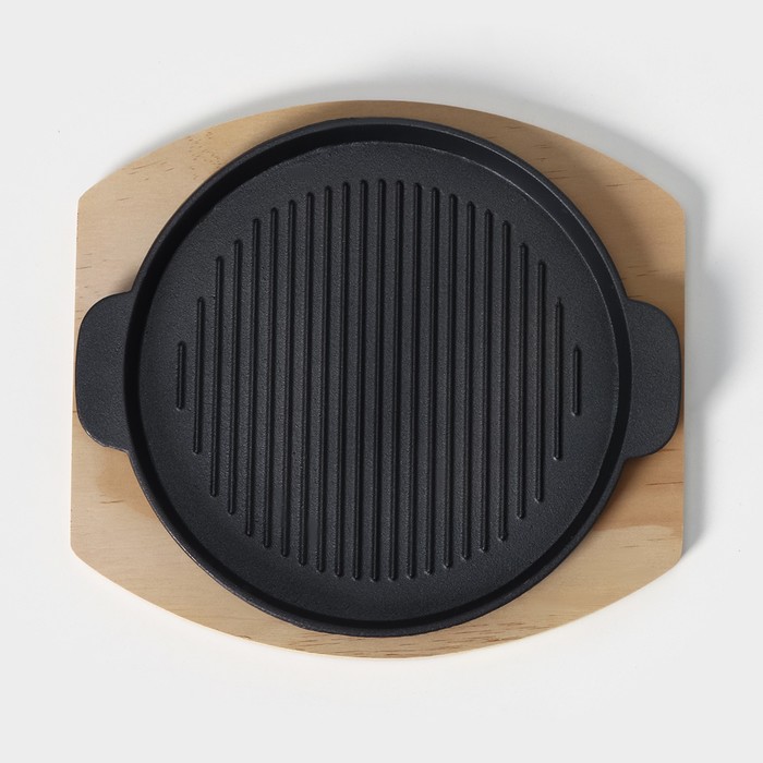 Сковорода чугунная на деревянной подставке «Круг. Гриль», 25×21,3 см, цвет чёрный - фото 1905305031