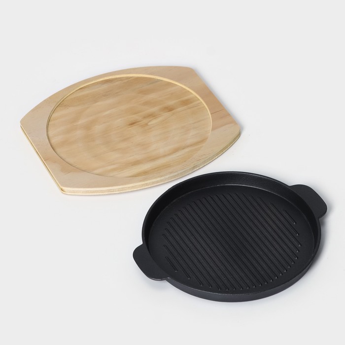 Сковорода чугунная на деревянной подставке «Круг. Гриль», 25×21,3 см, цвет чёрный - фото 1905305033