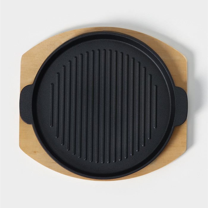 Сковорода чугунная на деревянной подставке «Круг. Гриль», 27,3×24 см, цвет чёрный - фото 1883197961