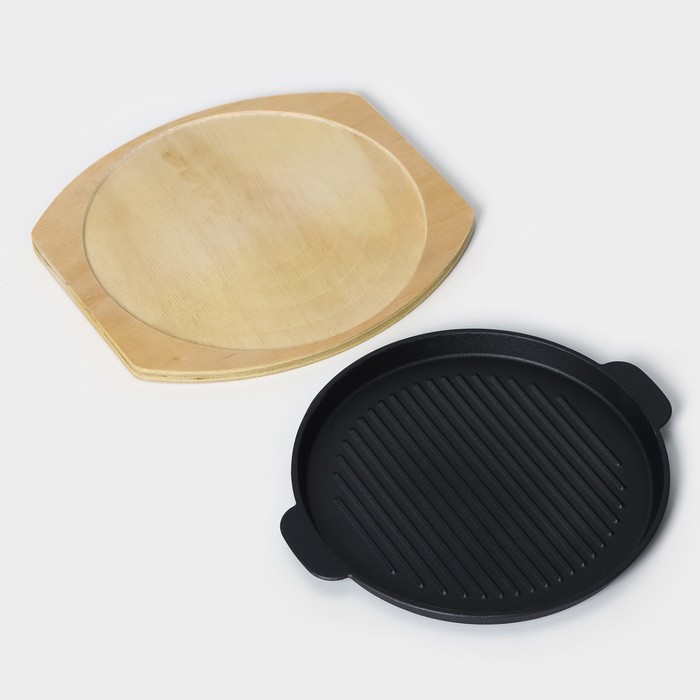Сковорода чугунная на деревянной подставке «Круг. Гриль», 27,3×24 см, цвет чёрный - фото 1905305036
