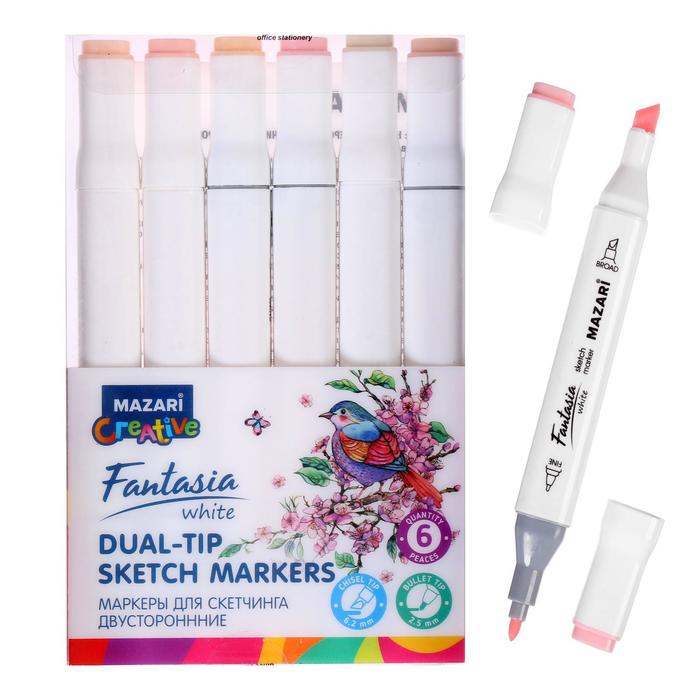 Художественный набор двухсторонних маркеров Mazari Fantasia White 6 цветов Skin tones (телесные цвета), пишущие узлы 2.5-6.2 мм - Фото 1