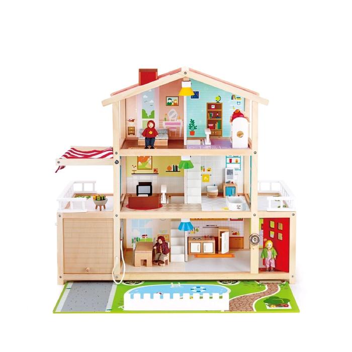 Домик кукольный Hape «Семейный особняк», трёхэтажный, со светом, с куклами и мебелью - фото 1907123075