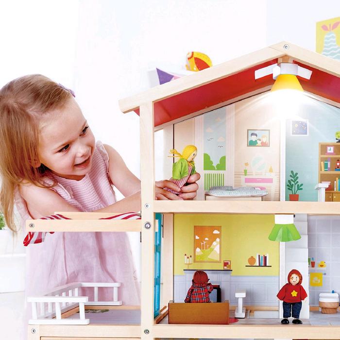 Домик кукольный Hape «Семейный особняк», трёхэтажный, со светом, с куклами и мебелью - фото 1907123079