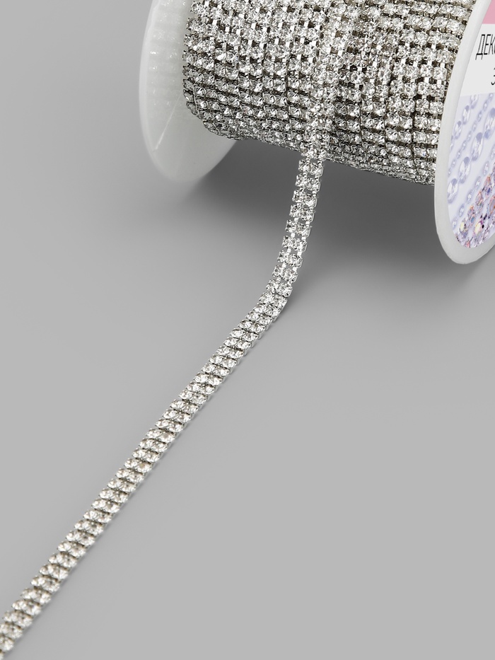 Цепь со стразами, 2 ряда, металл, стекло, 4 мм, 4.5±0.5 м, цвет серебряный