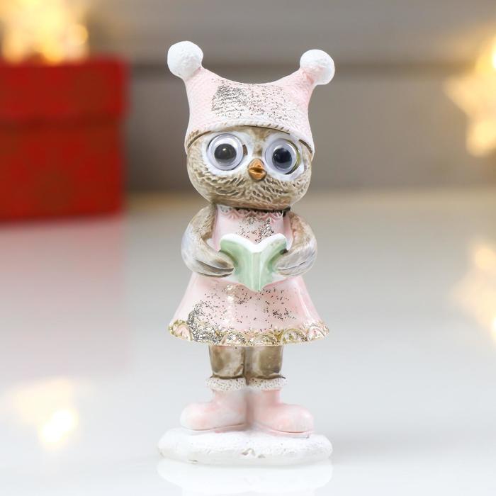 Сувенир полистоун "Совушка в шапке с ушками, с книжкой" розовый с голубым 10х4х3,7 см - Фото 1