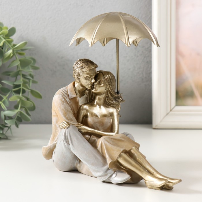 Сувенир полистоун "Влюблённая пара под зонтом - нежность" бежевый 18х18х10 см - Фото 1