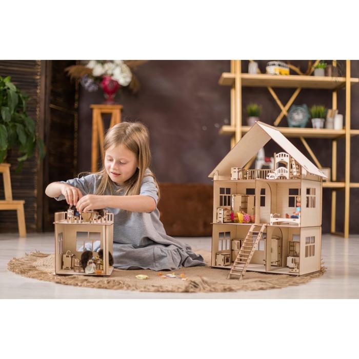 Домик кукольный ХэппиДом «Коттедж», трёхэтажный, с пристройкой, с мебелью, сборная модель