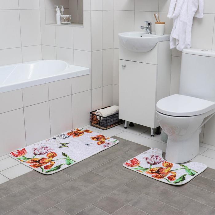 Набор ковриков для ванны и туалета «Тюльпаны на гальке», 2 шт: 80×49,5, 40×49,5 см - Фото 1