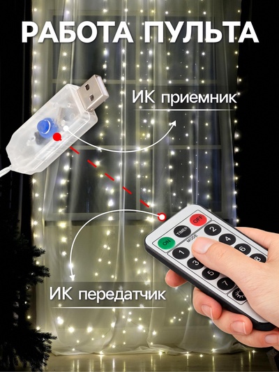 Гирлянда «Занавес» 2.8×3 м, роса на крючках, с пультом, IP20, серебристая нить, 300 LED, свечение тёплое белое, 8 режимов, USB