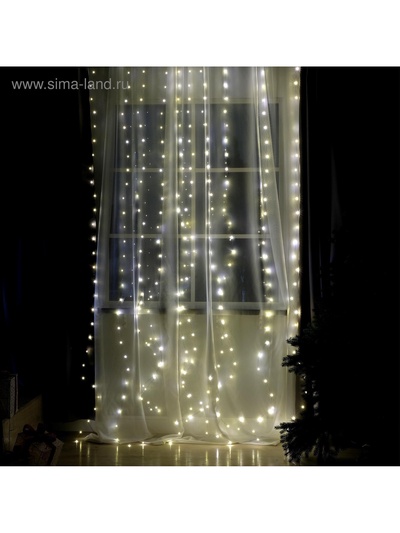 Гирлянда «Занавес» 2.8×3 м, роса на крючках, с пультом, IP20, серебристая нить, 300 LED, свечение тёплое белое, 8 режимов, USB