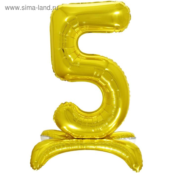 Шар фольгированный 32" «5», на подставке, цвет золото - Фото 1