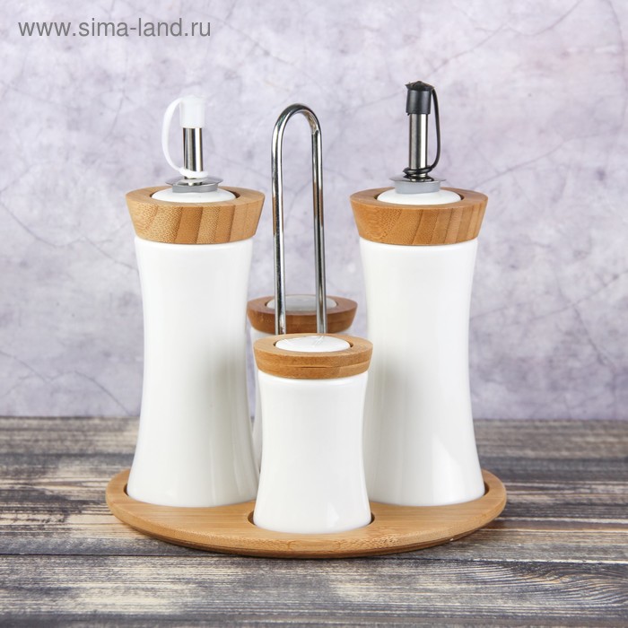 Набор для специй и соусов на подставке "Эстет. Вдохновение", 4 предмета: солонка, перечница, 2 банки для соусов 200 мл - Фото 1