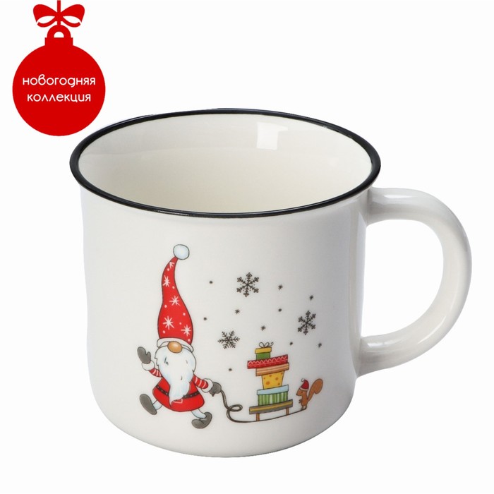 Кружка фарфоровая Доляна «Новый год. Дед Мороз с санками», 380 мл, цвет белый - Фото 1