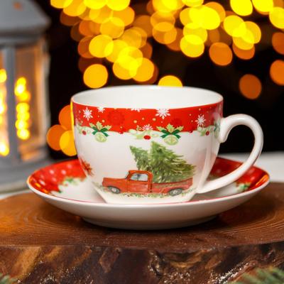 Чайная пара фарфоровая Доляна «Новогоднее волшебство», 2 предмета: чашка 280 мл, блюдце d=15 см