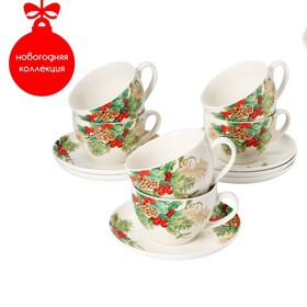 Сервиз фарфоровый чайный Доляна «Рождество»,12 предметов: 6 чашек 280 мл, 6 блюдец, d=15 см