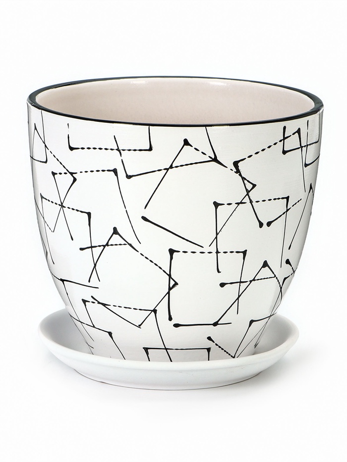 Горшок для цветов «Иллюзия», керамический, с поддоном, 5 л, белый с геометрическим орнаментом - Фото 1