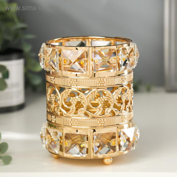 Подсвечник металл, стекло на 1 свечу "Кристаллы и цветы" золото 11,5х10х10 см - Фото 1