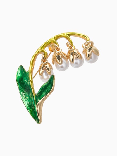 Брошь «Ландыши» веточка, цвет бело-зелёный в золоте
