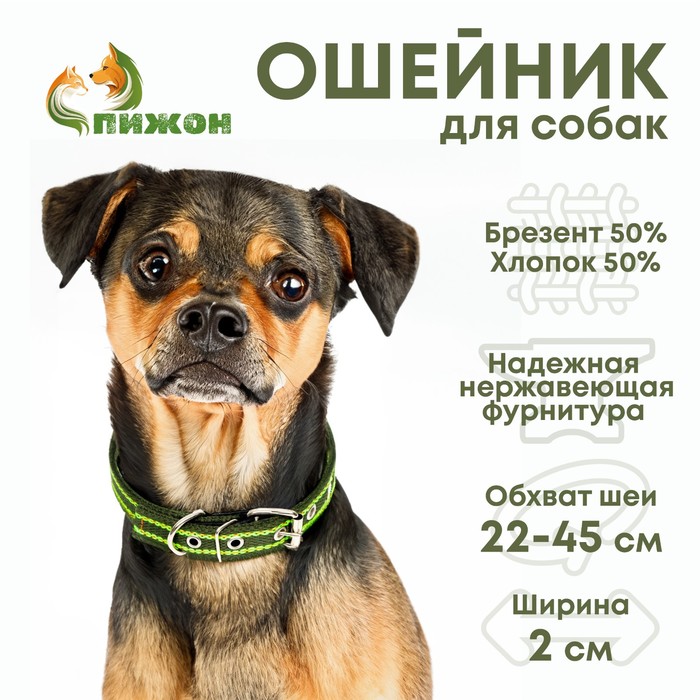 Ошейник брезентовый безразмерный двухслойный, 50×2 см, ОШ 22-45 см, хаки/зелёный - Фото 1