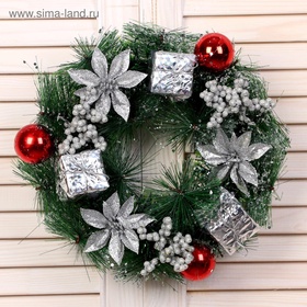 Венок новогодний d=25 см «Зимнее волшебство. Цветы и подарочки», декор серебристый