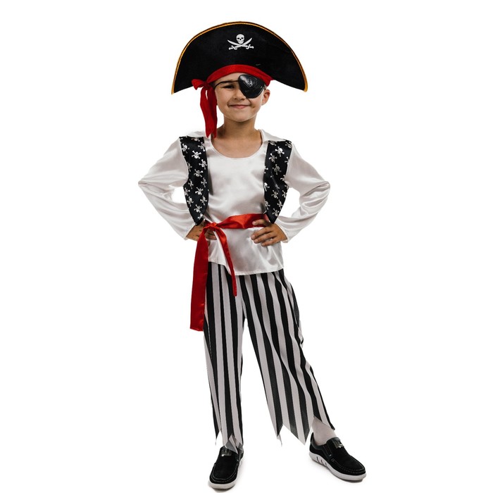 Карнавальный костюм "Пират", 5 предметов: шляпа, повязка, рубашка, пояс, штаны. Рост 122 см - Фото 1