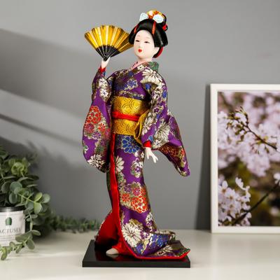 Кукла коллекционная "Гейша в фиолетовом кимоно с веером" 42х16,5х16,5 см