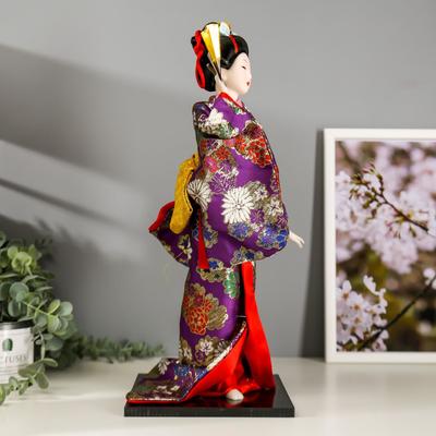 Кукла коллекционная "Гейша в фиолетовом кимоно с веером" 42х16,5х16,5 см