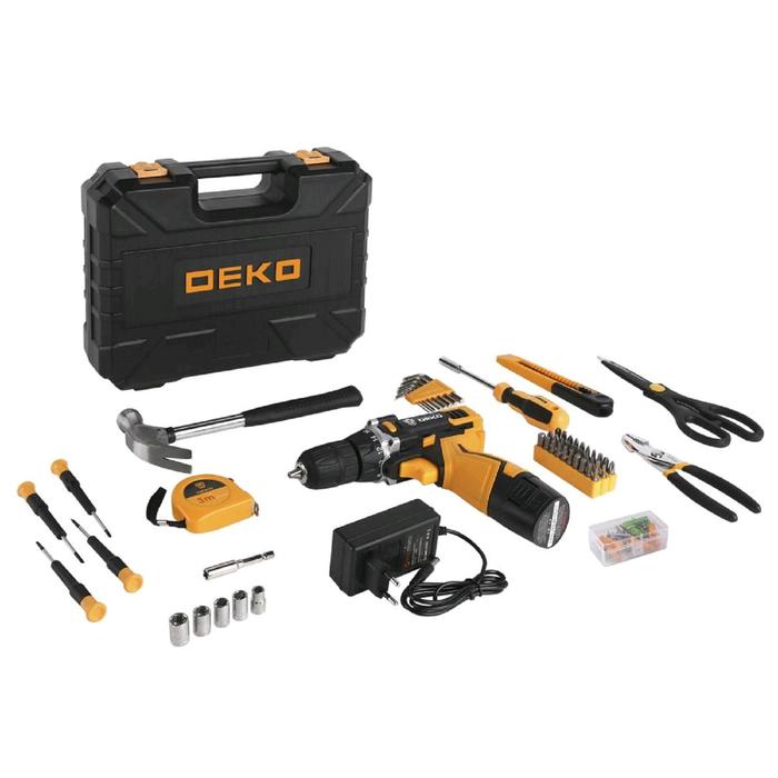Дрель-шуруповерт DEKO DKCD12FU-Li и набор инструментов DEKO, 12 В, 2 А*ч, 104 предмета