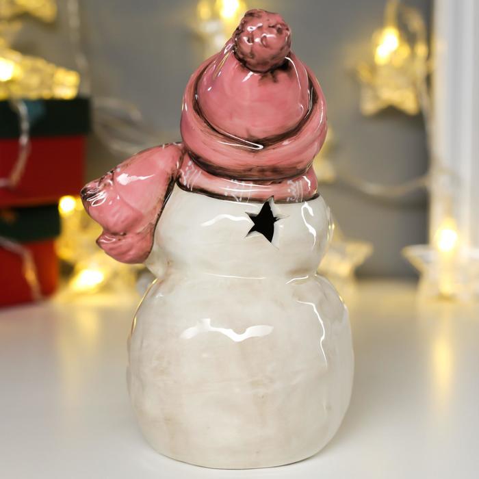 Сувенир керамика свет "Снеговик со снеговичком в розовых колпаках" 17,5х11х12,5 см - фото 1907126650