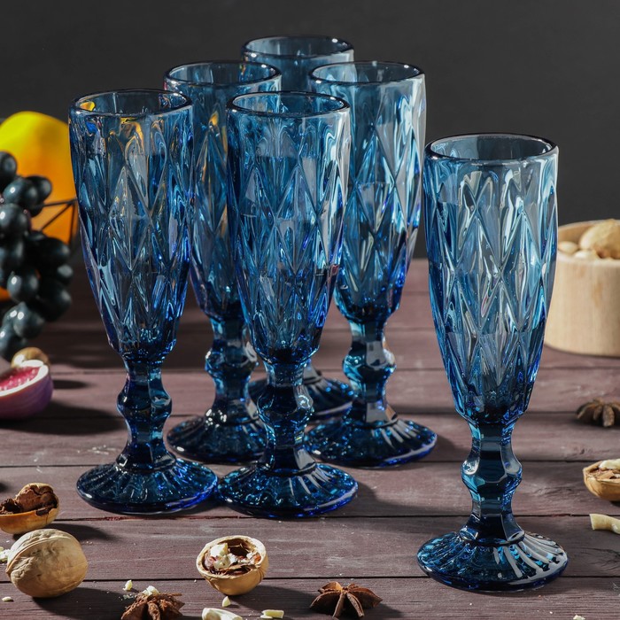 Набор бокалов из стекла для шампанского Magistro «Круиз», 160 мл, 7×20 см, 6 шт, цвет синий