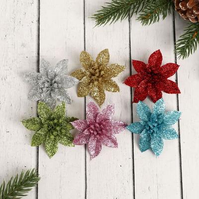 Ёлочные игрушки 6 шт. «Зимнее волшебство. Цветы пышные - блеск» пластик, 5×5 см, МИКС