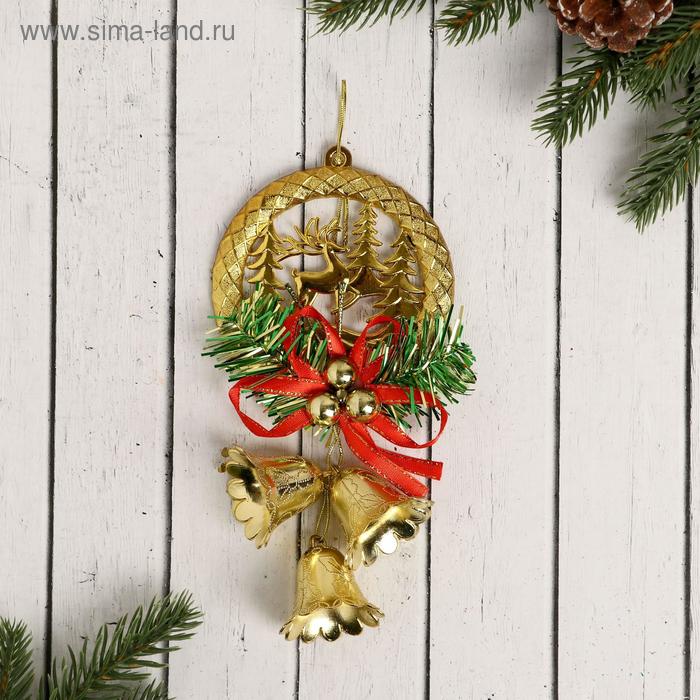 Украшение новогоднее "Колокольчик олень в лесу" 9х18 см, красно-золотой - Фото 1