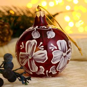 Ёлочный шар d-8 см "Белые незабудки" ручная роспись, бордово-белый