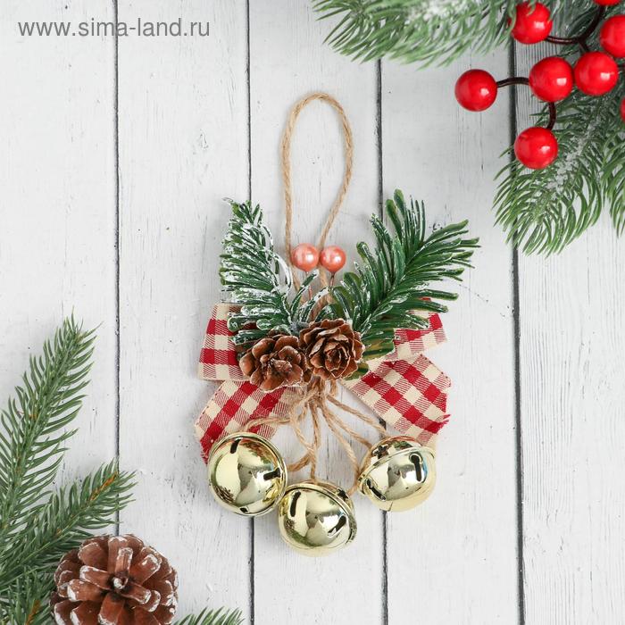 Украшение ёлочное "Бубенчики на бантике с шишками" 10х12 см - Фото 1