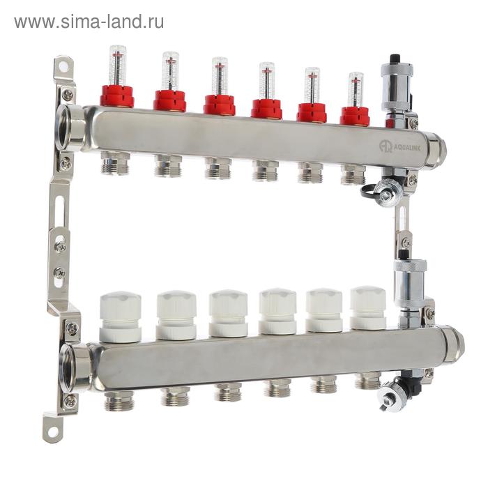 Коллекторная группа AQUALINK, 1"х3/4", 6 выходов, с расходомерами, нержавеющая сталь - Фото 1