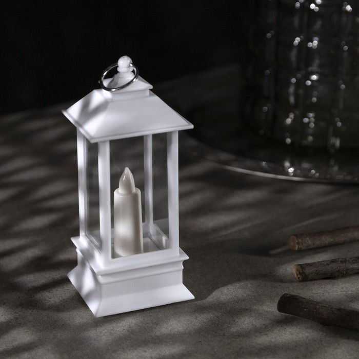 Светодиодная фигура «Белый фонарь со свечкой» 5.5 × 13 × 5.5 см, пластик, батарейки AG13х3, свечение тёплое белое - фото 1907129229