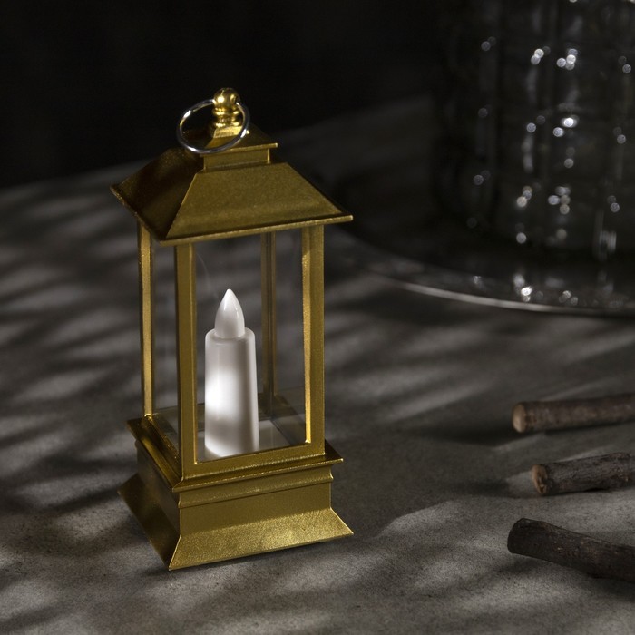 Светодиодная фигура «Золотистый фонарь со свечкой» 5.5 × 13 × 5.5 см, пластик, батарейки AG13х3, свечение тёплое белое - фото 1907129246